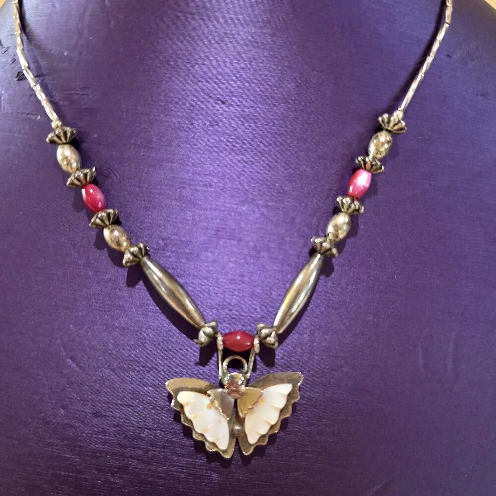 1980's Soutwestern Handmade MOP Butterfly Pendant Pink Silver Beaded Necklace
